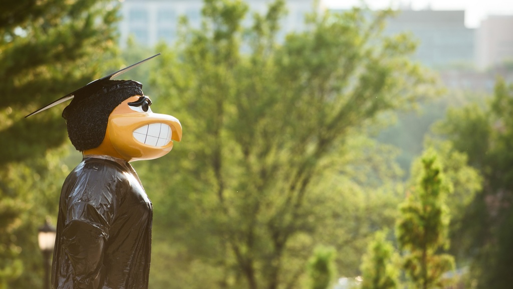 A statue of Herky wearing a graduation cap and gown