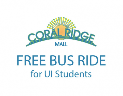 Contains the text "Coral Ridge Mall: Free Bus Ride for UI Students"