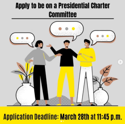 Illustration with people talking to each other with speech bubbles that have no discernible text. Contains the heading and text: "Apply to be on a presidential charter committee. Application deadline: March 28th at 11:45pm"